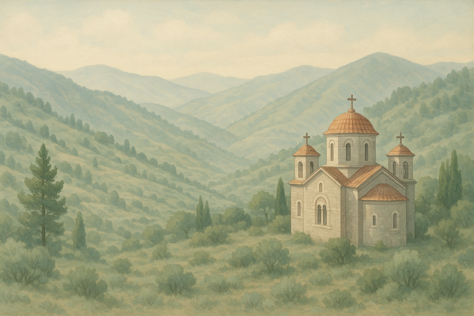 church on right more pastel for the greenery and a less colourful church(more traditiona) troodos, solea region mountain inspired please