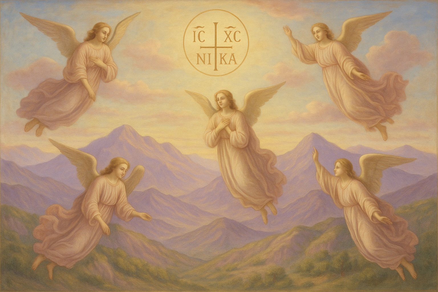include greek orthodox, pastel, lilac, pink, yellow and green, troodos mountains in cyprus inspired with renaissance and angels and the icxc nika